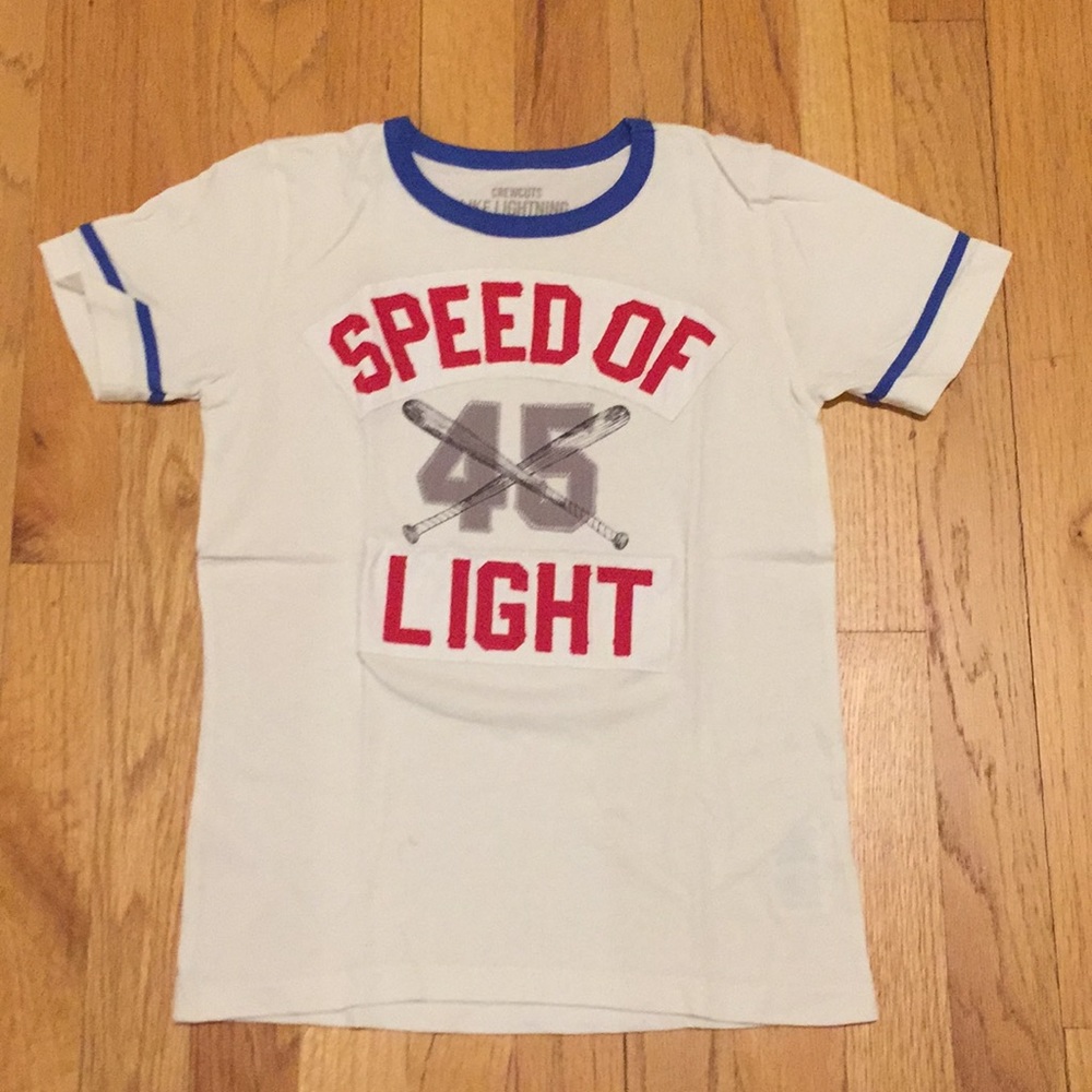 Crewcuts boys sz8 soft  T, white w blue/red